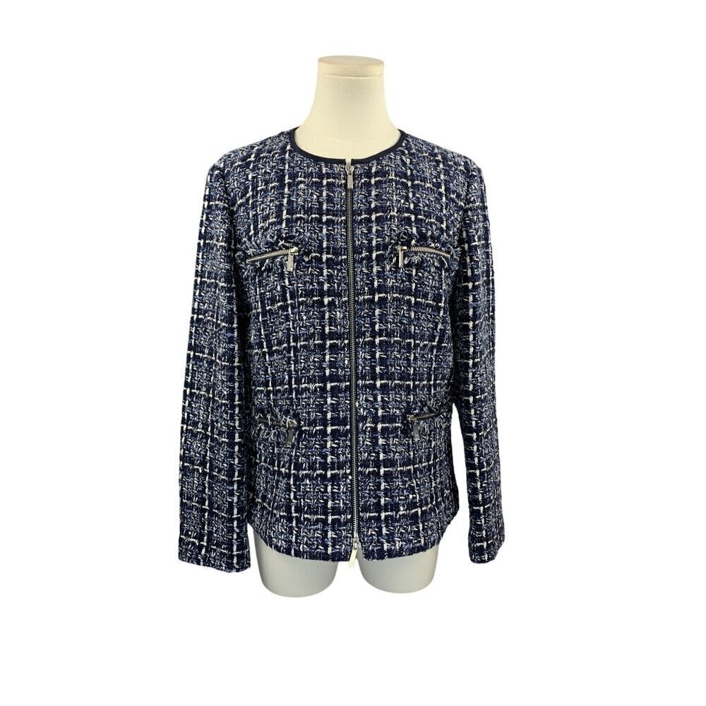 Lafayette 148 New York Womens Tweed Jacket Size 10 Blue/White Zipper Front